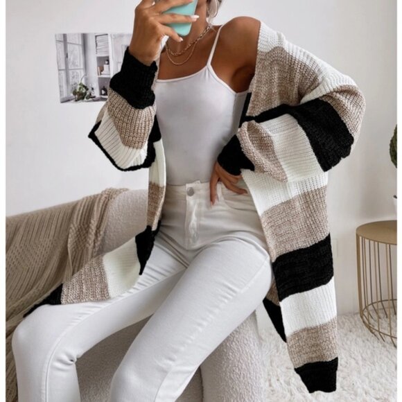 Women's Colorblock Stripes Open Knit Cardigan Knee Length - Picture 1 of 7